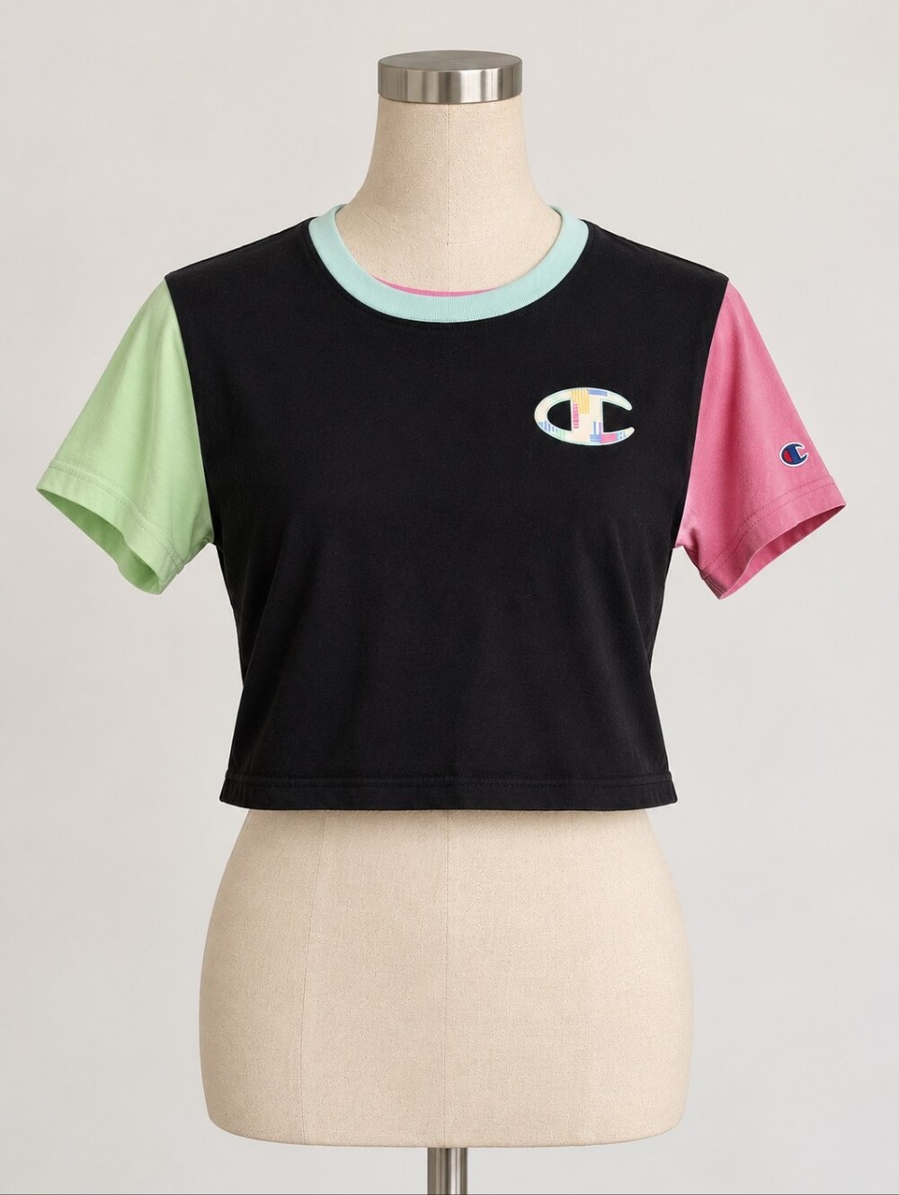 Champion Authentic Athleticwear Colorblock Crop T-Shirt Black Pink Mint Size Med